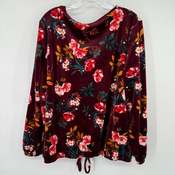 LOFT Floral Burgundy Velvet Long Sleeve Top Tie bottom womens long sleeve sz XL - Picture 8 of 8